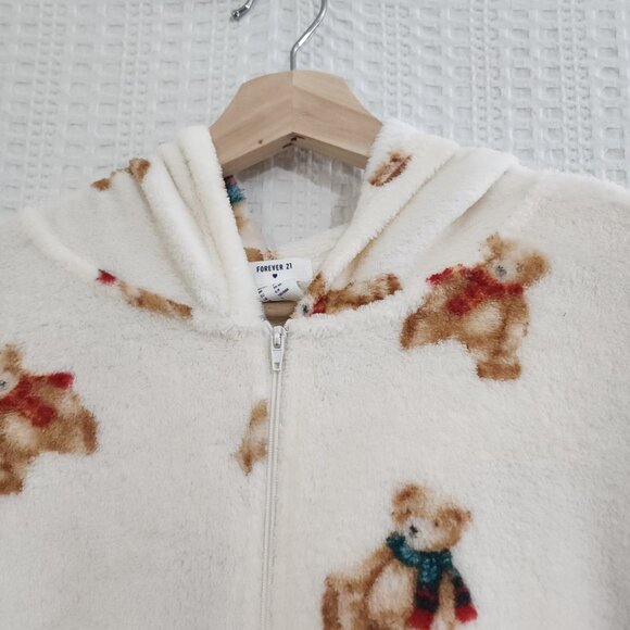 Forever 21 Teddy Bear Fleece Hooded Onesie Pajamas Cream Cozy Size Small - Picture 10 of 12
